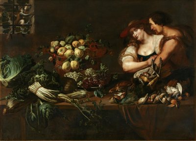 Un bodegón de cocina con figuras de Adriaen van Utrecht